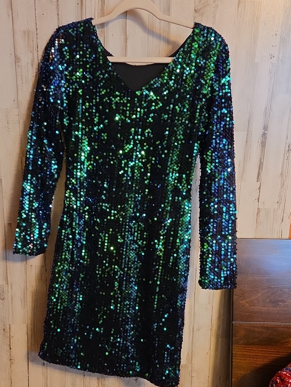 Long Sleeve Sequin Dress in Green and Blue